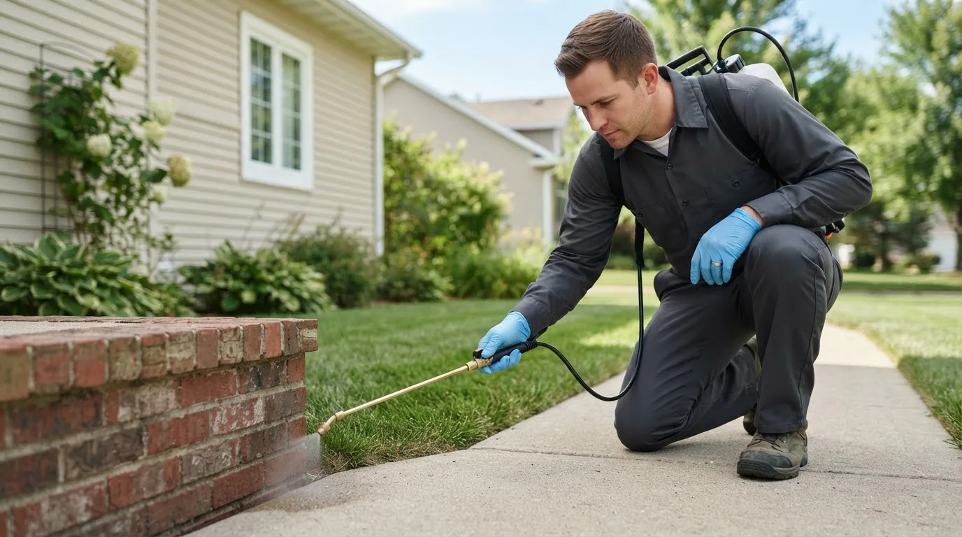 Pest control technician treating a home near Huron, TN